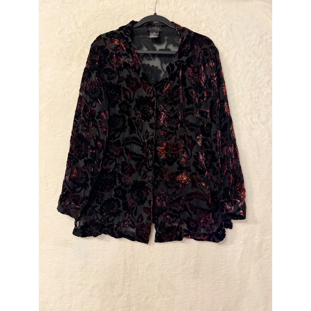 Sigrid Olsen Silk Blend Burnout Velvet Floral Blouse XL Burgundy Black Sheer Top